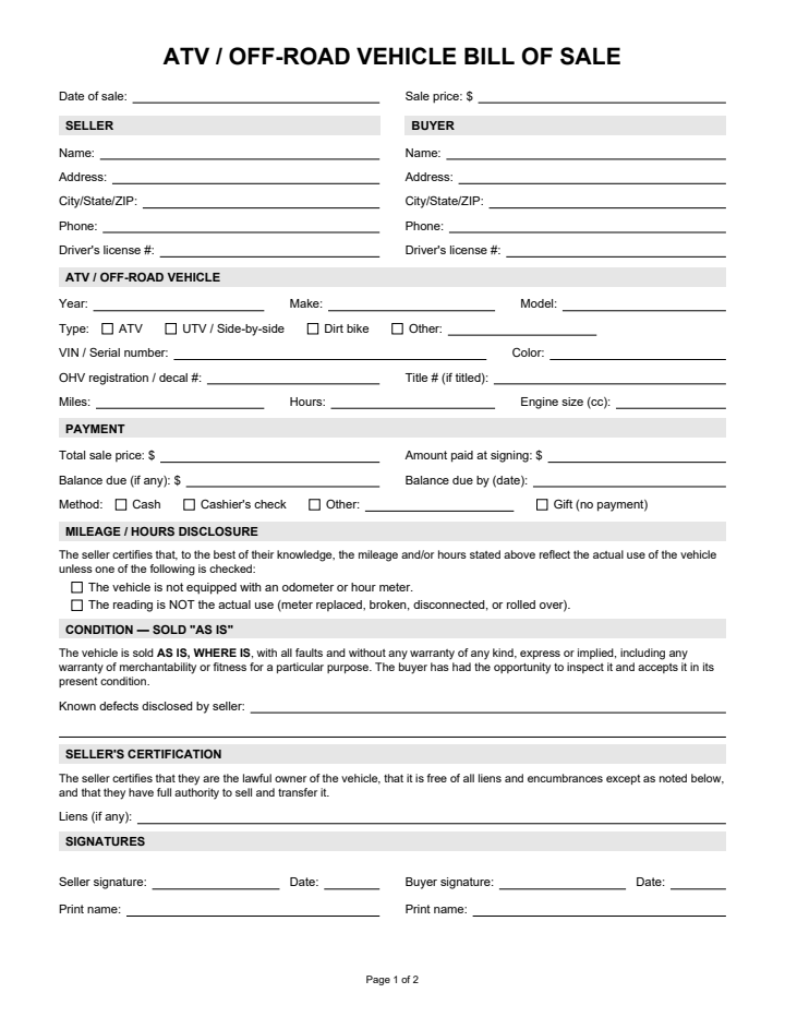 Page 1 of the ATV and off-road vehicle bill of sale