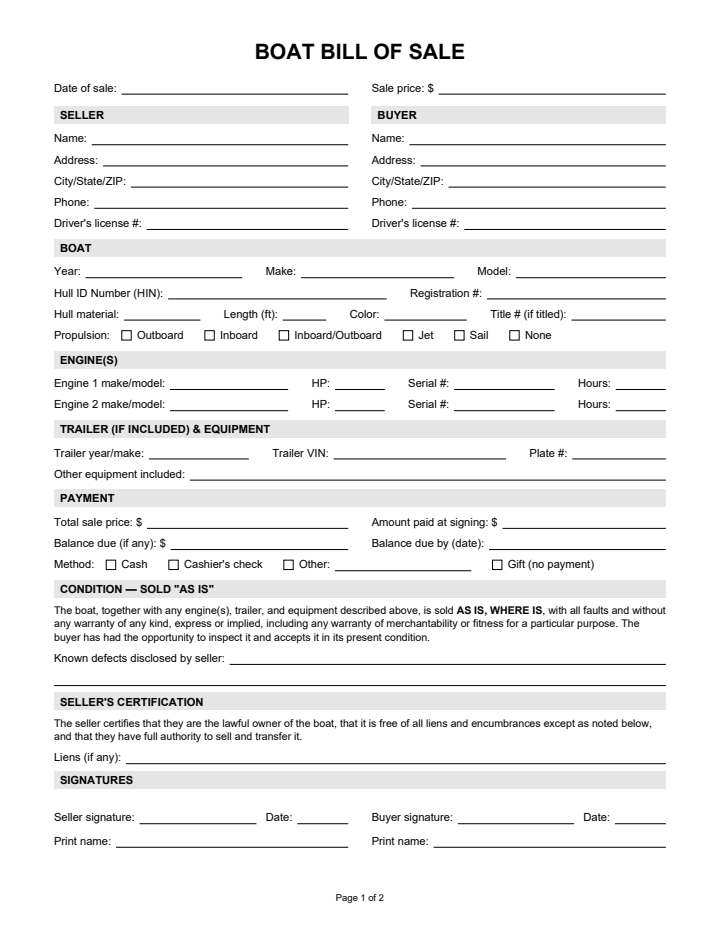 Page 1 of the boat bill of sale