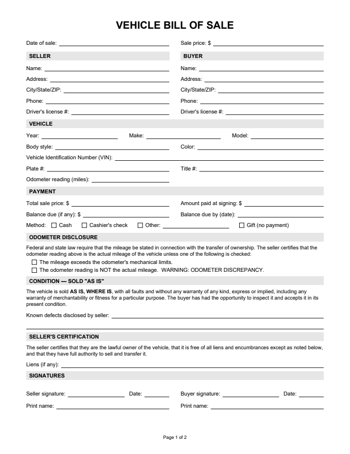 Page 1 of the vehicle bill of sale