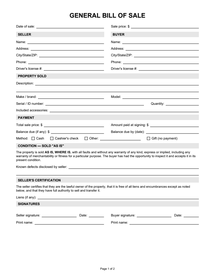 Page 1 of the general bill of sale