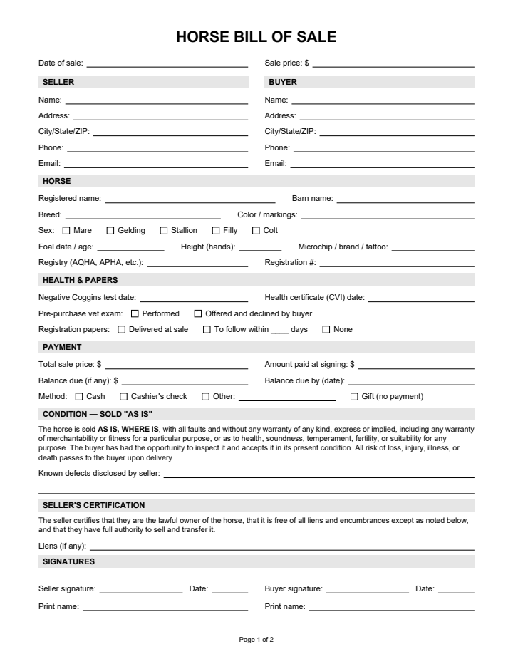 Page 1 of the horse bill of sale