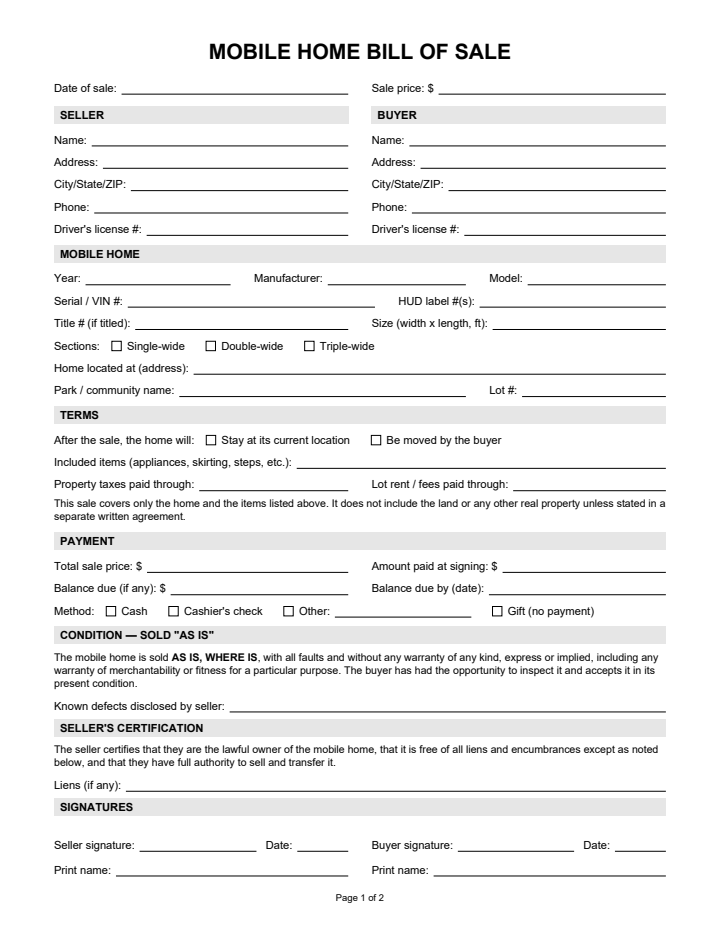 Page 1 of the mobile home bill of sale