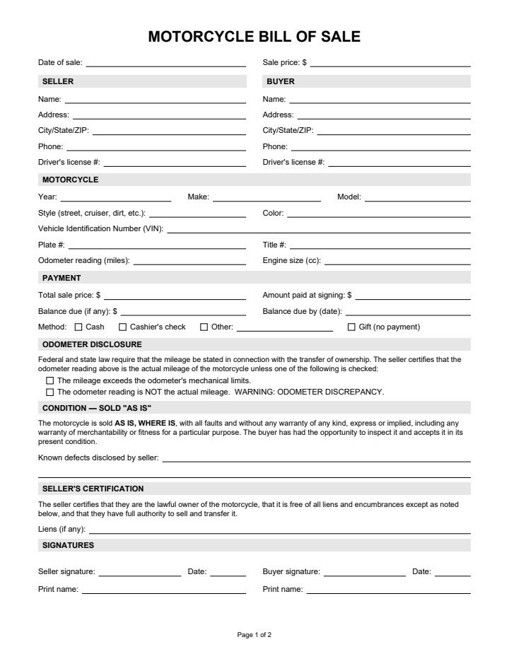 Page 1 of the motorcycle bill of sale